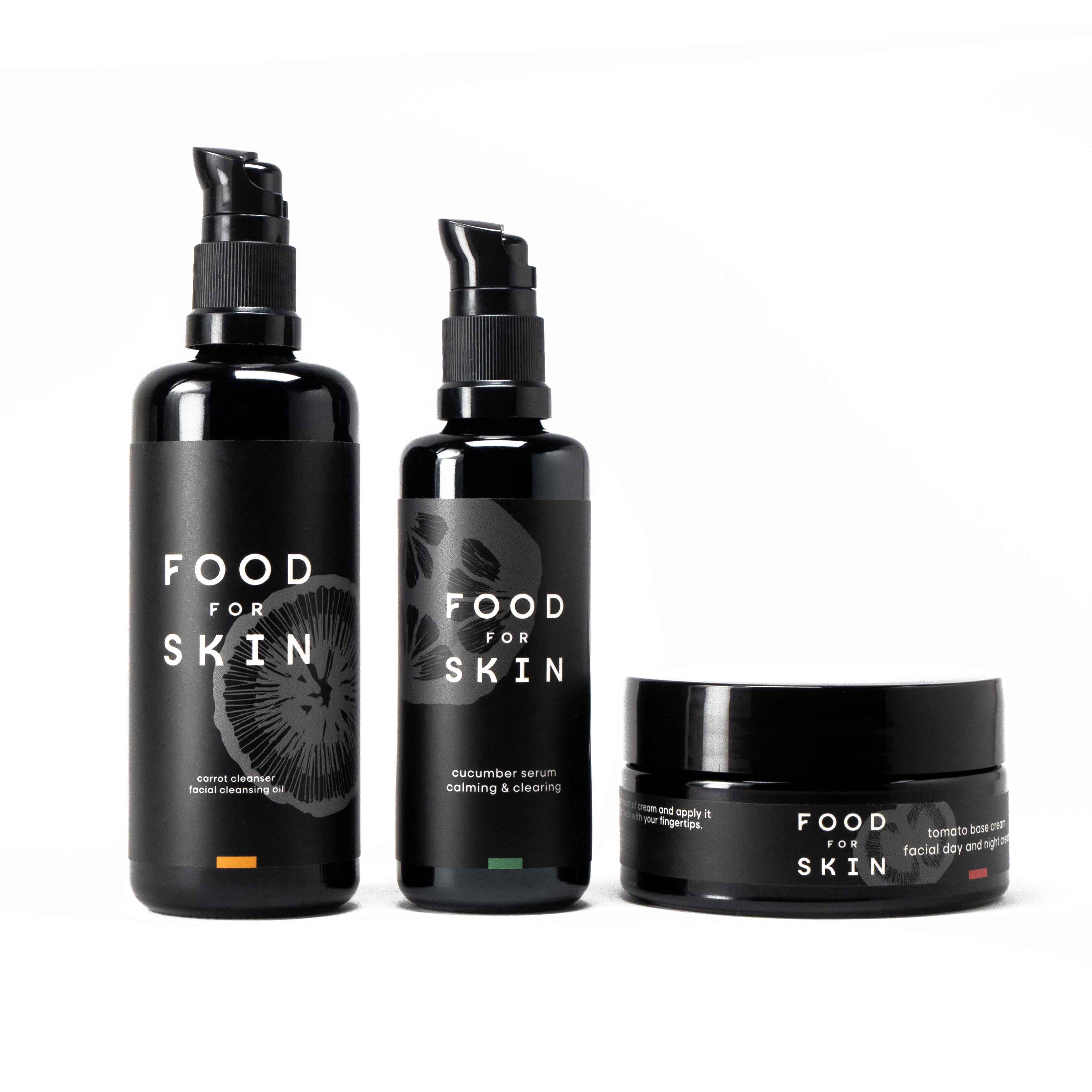 Food for Skin Cucumber set met Carrot Cleanser Cucumber Serum en Tomato Base Cream