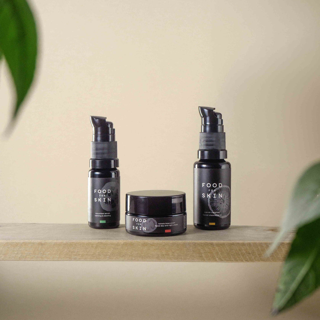 Food for Skin cucumber skincare routine met carrot cleanser en cucumber serum en tomato base cream