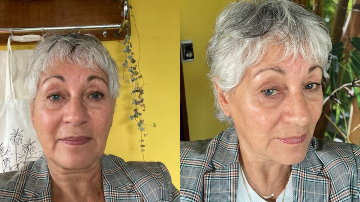 Twee portretfoto's van dezelfde vrouw naast elkaar voor en na Apple Peeling